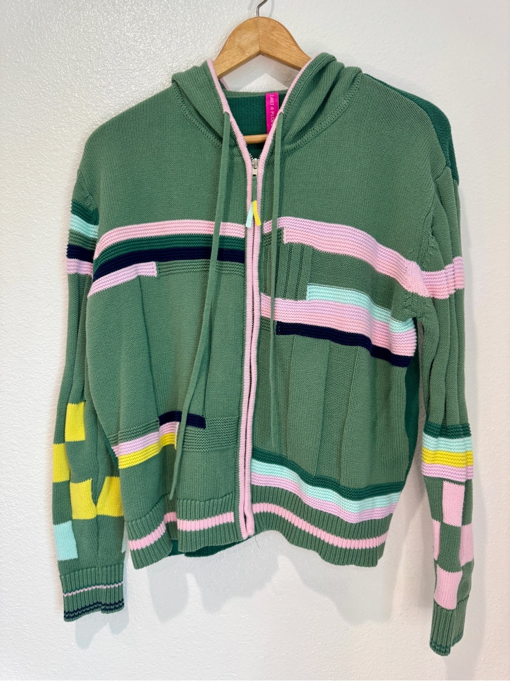 Zaket Plover Cotton Colorblock Stripe Checkered Knit Zip Up Hoodie Sweater M - Picture 1 of 5